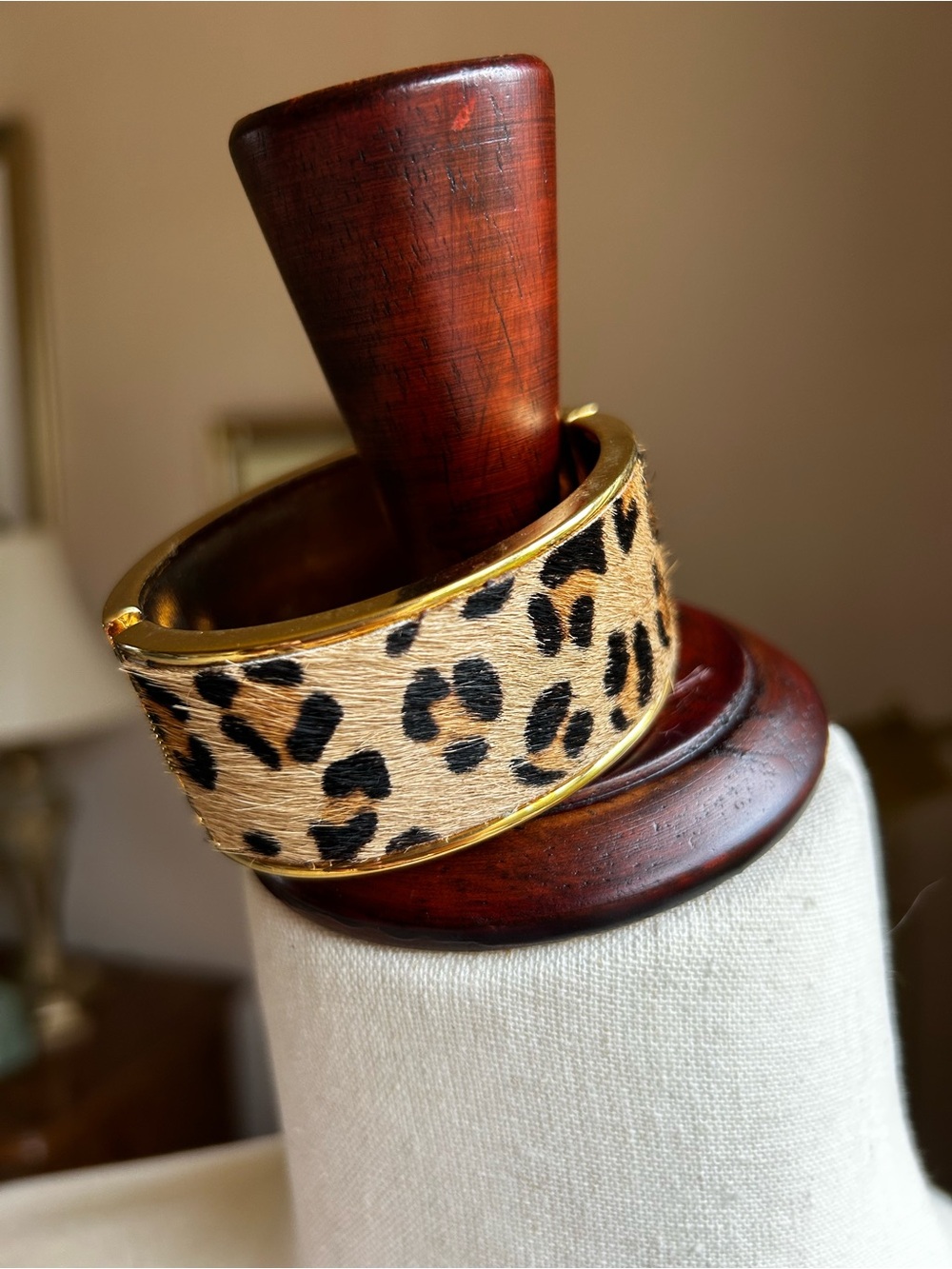 Calf hair Leopard Print Gold Tone Hinged Bangle Bracelet by C. Wonder.